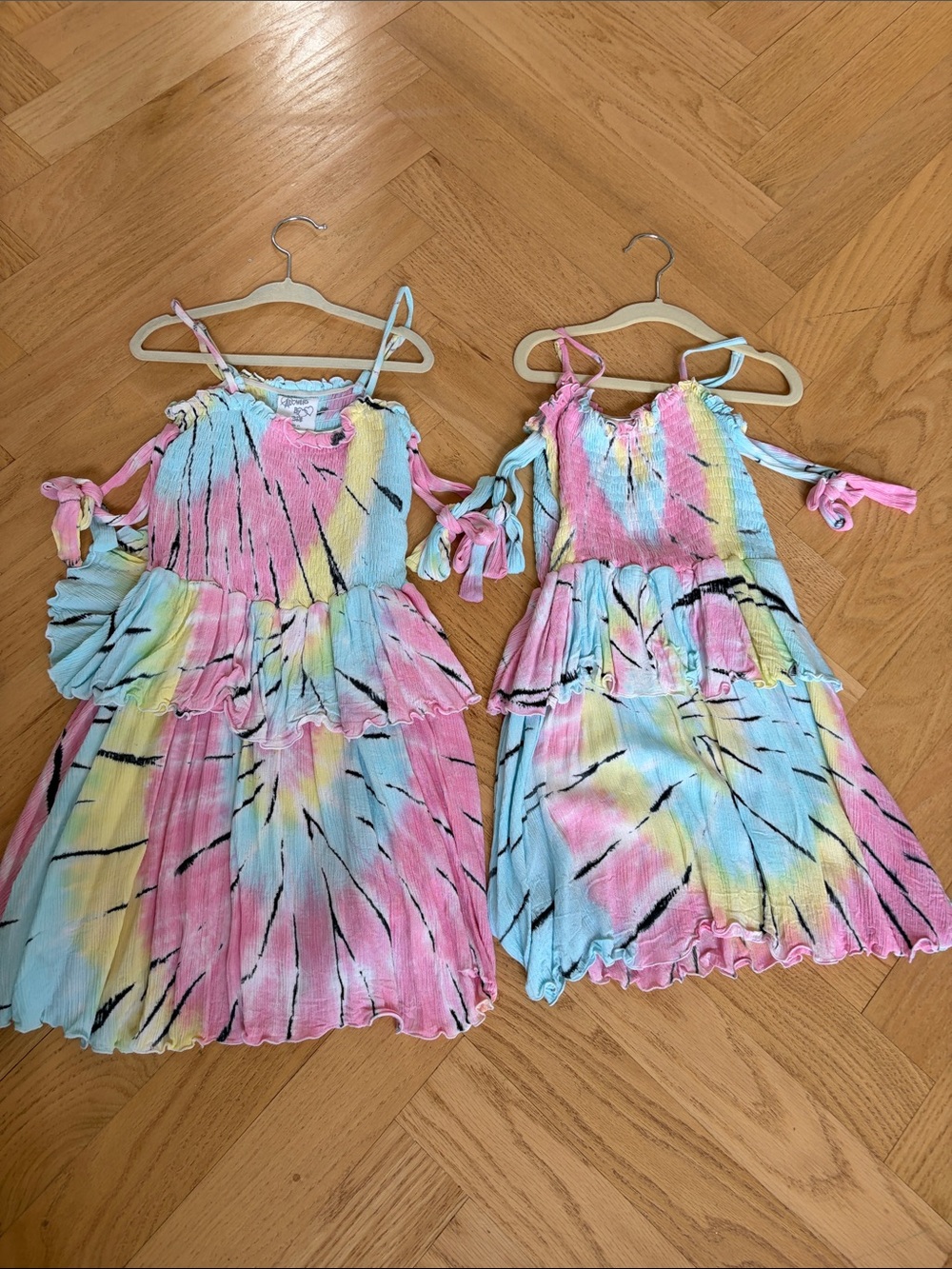 Kids Tie-Dye Ruffled Sundresses- Pink, Blue & Yellow (Twins)